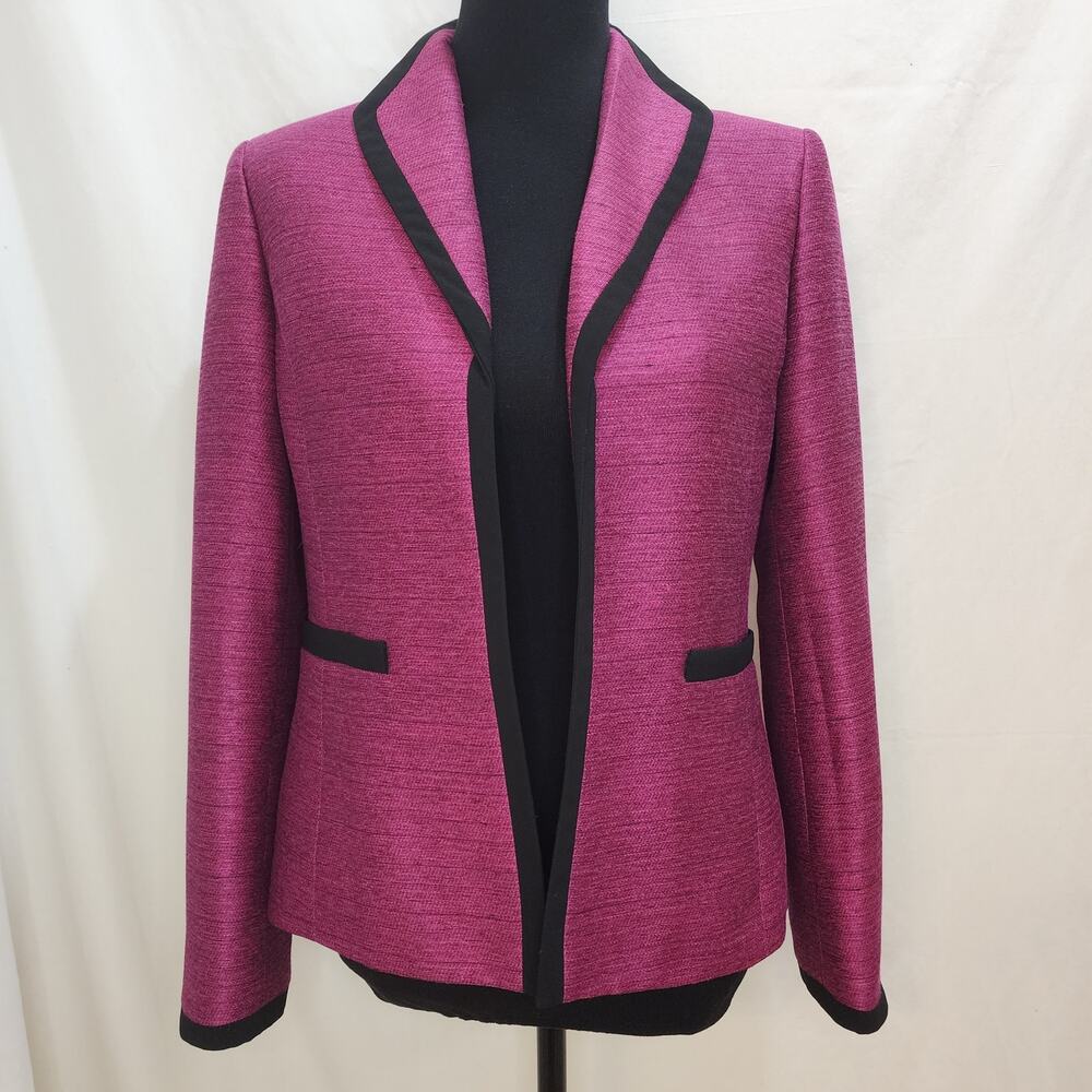 Kasper Collared Career Professional Office Magenta Black Trim Blazer, Size 4